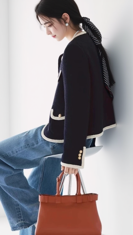 JILL TWEED CONTRAST TRIM JACKET IN NAVY BLUE