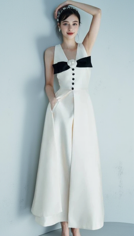 FLOWER EMBELLISHED BOW MIDI DRESS IN WHITE