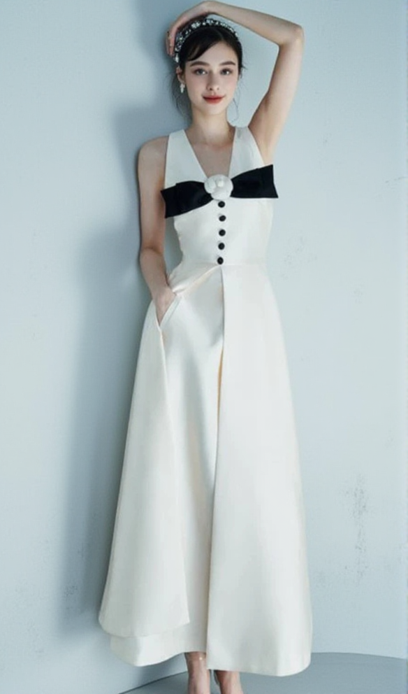 FLOWER EMBELLISHED BOW MIDI DRESS IN WHITE