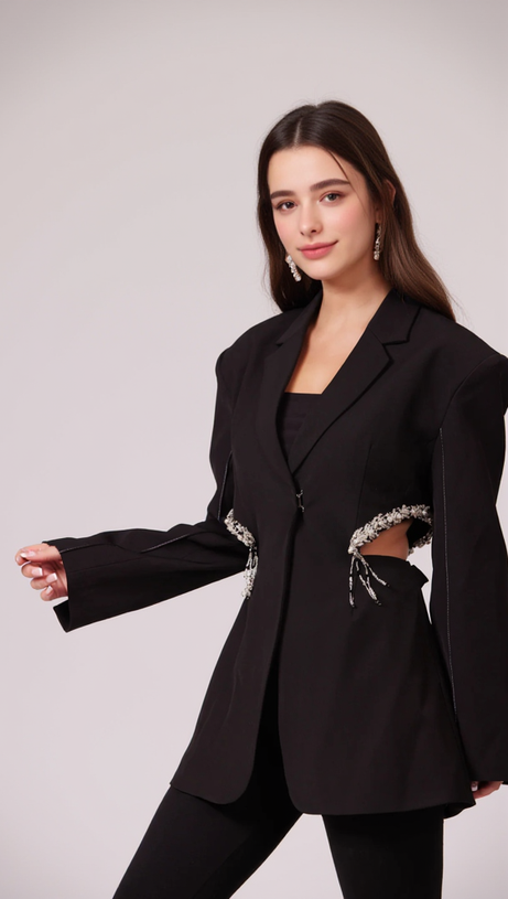 CRYSTAL-EMBELLISHED CUT OUT BLAZER DRESS IN BLACK