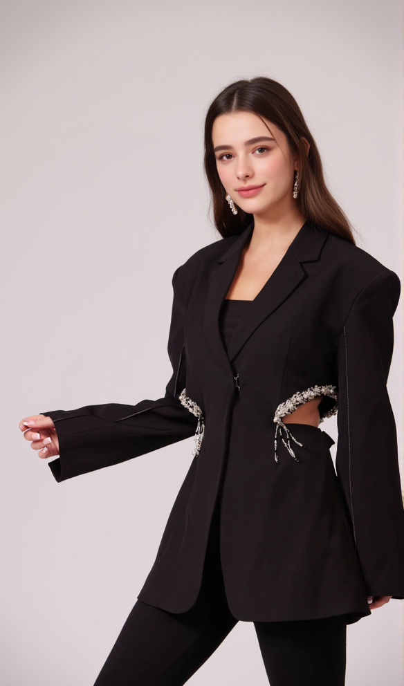 AIIZIE CRYSTAL-EMBELLISHED CUT OUT BLAZER DRESS IN BLACK - product image