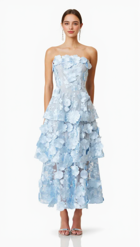 SELENE 3D FLOWER TIERED MAXI DRESS IN BLUE