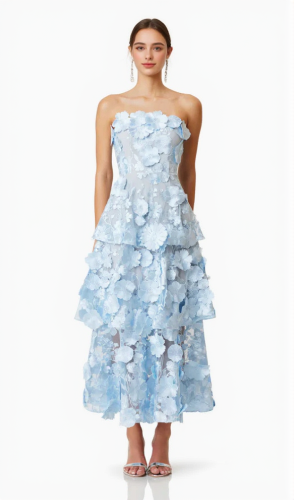 SELENE 3D FLOWER TIERED MAXI DRESS IN BLUE