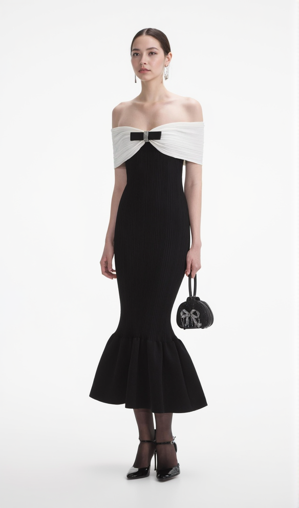 TRUDA BLACK KNIT BOW OFF-SHOULDER MIDI DRESS