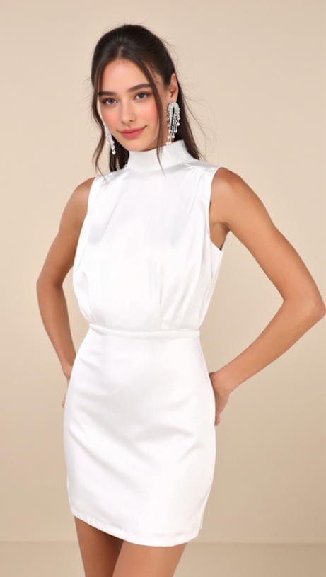 WHITE SATIN SLEEVELESS MOCK NECK MINI DRESS