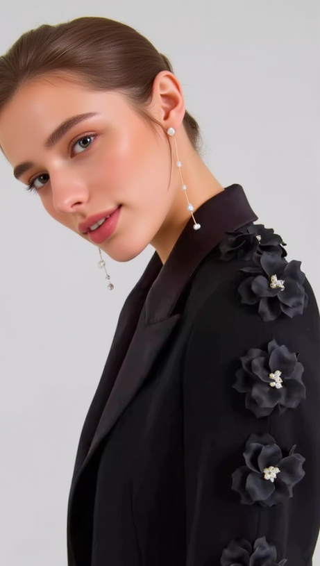 LEONIE FLOWER EMBELLISHED BLACK BLAZER