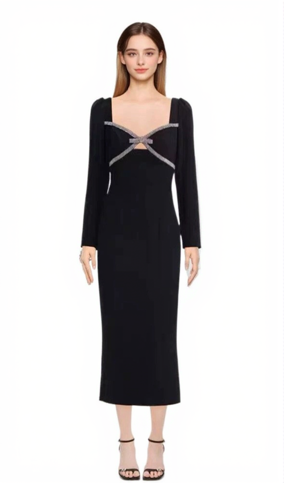 DIAMANTE BOW MIDI DRESS
