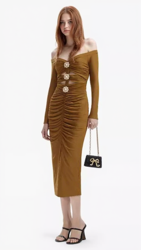 MAUREEN KHAKI JERSEY OFF SHOULDER MIDI DRESS