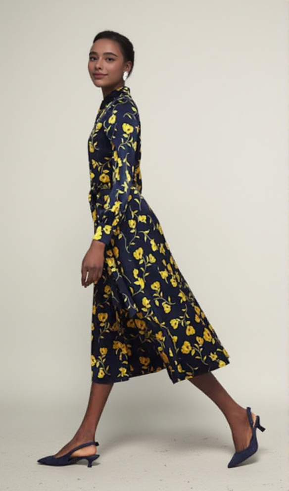 AIIZIE SOPHIA FLORAL SHIRT MIDI DRESS IN NAVY YELLOW - product image