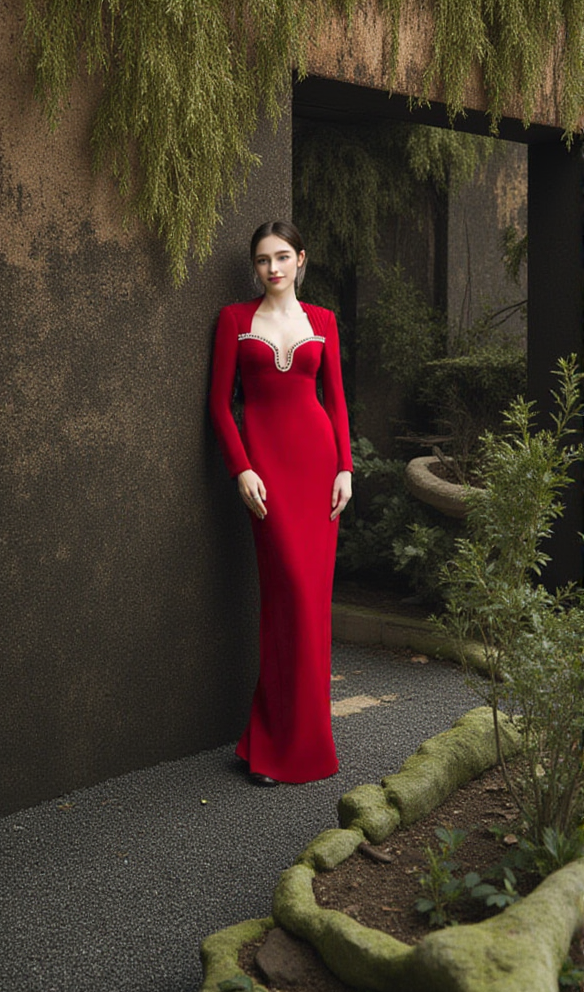 AIIZIE SYLVIA CRYSTAL EMBELLISHED LONG SLEEVE MAXI DRESS IN RED - product image