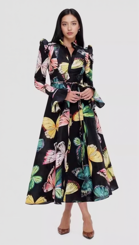 BUTTERFLY SLEEVE PAPILLON PRINT MIDI DRESS IN BLACK