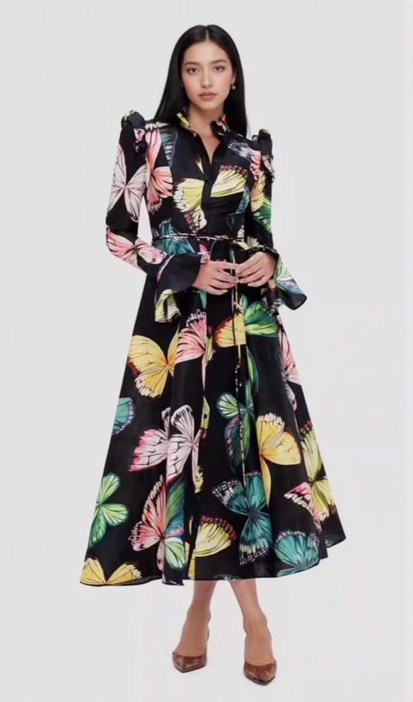 AIIZIE BUTTERFLY SLEEVE PAPILLON PRINT MIDI DRESS IN BLACK - product image