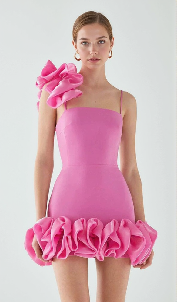 ANDREA PINK FLOWER TRIM STRAP MINI DRESS