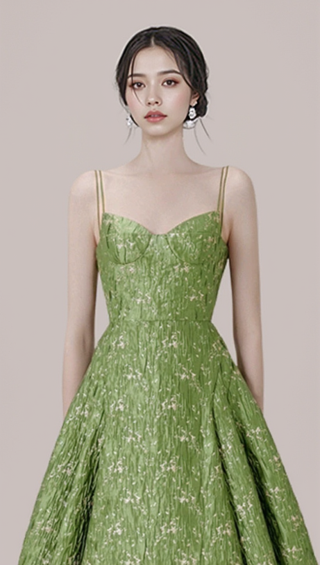 VINTAGE GREEN SUSPENDER JACQUARD MIDI DRESS