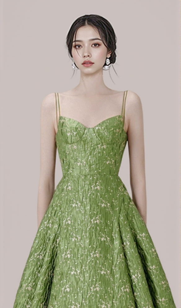 VINTAGE GREEN SUSPENDER JACQUARD MIDI DRESS