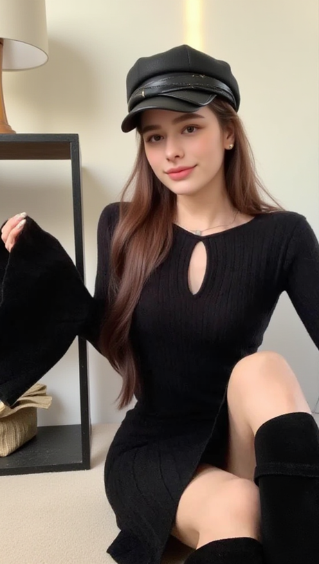 PLEATED WOOL KNIT LONG SLEEVE MINI DRESS IN BLACK