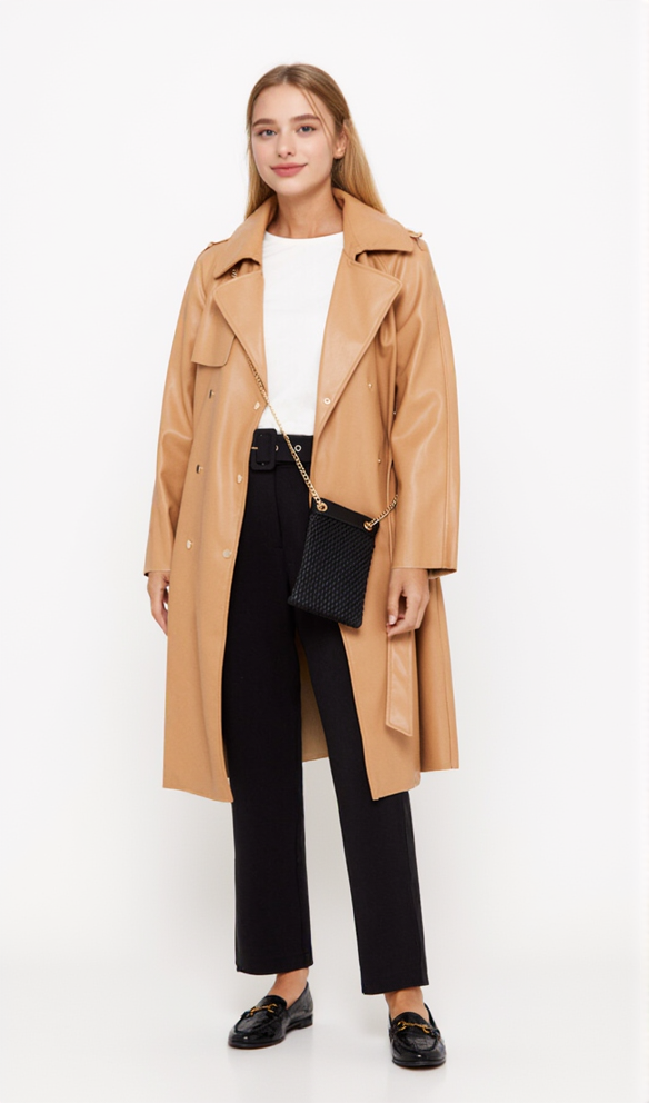 FAUX LEATHER DOUBLE-BREASTED COAT IN BROWN YELLOW