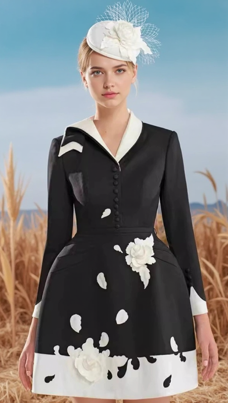 RENEE FLOWER EMBELLISHED BLACK A-LINE SILK MINI DRESS