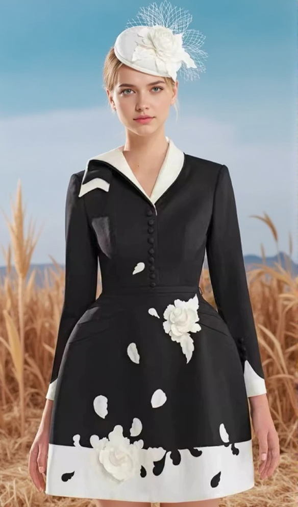 RENEE FLOWER EMBELLISHED BLACK A-LINE SILK MINI DRESS