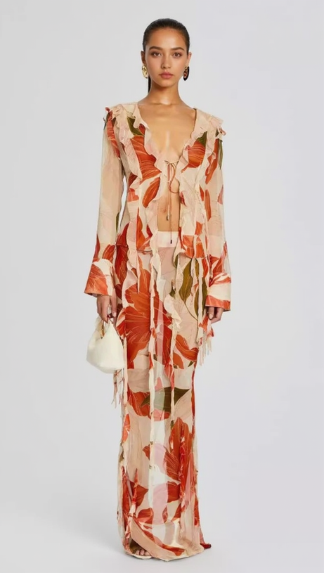 GLORIA PRINTED CUT OUT RUFFLE TRIM SKIRT SUIT