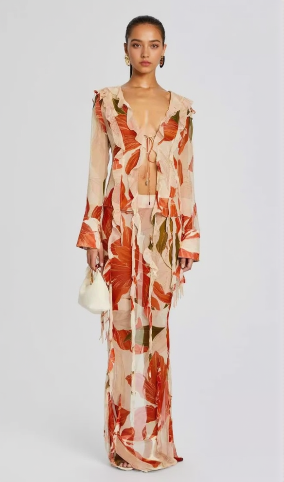 AIIZIE GLORIA PRINTED CUT OUT RUFFLE TRIM SKIRT SUIT - product image