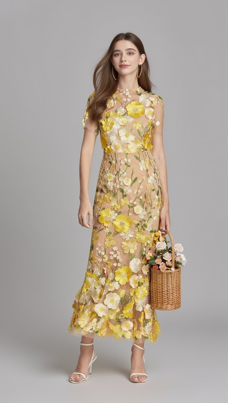 MIDIKLEID AUS MESH MIT FISCHSCHWANZ UND BLUMENSTICKEREI IN GELB