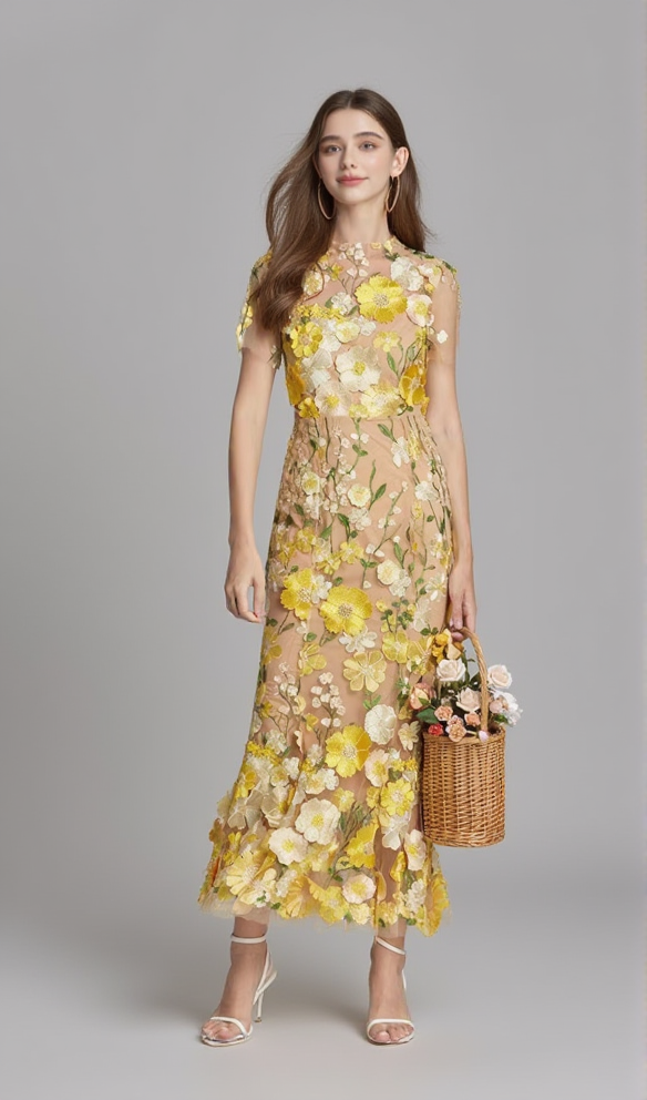 AIIZIE FLORAL EMBROIDERY MESH FISHTAIL MIDI DRESS IN YELLOW - product image