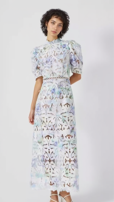 ABITO MIDI IN PIZZO CON MANICHE A SBUFFO E COLLO ALTO, BIANCO