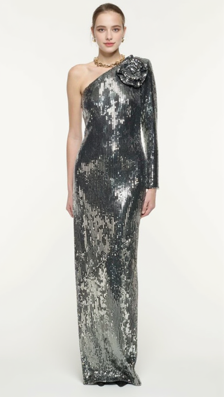 FLORAL-APPLIQUÉ SEQUIN GOWN IN SILVER