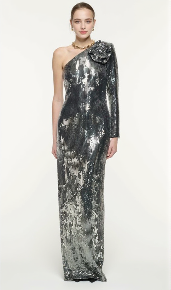 AIIZIE FLORAL-APPLIQUÉ SEQUIN GOWN IN SILVER - product image
