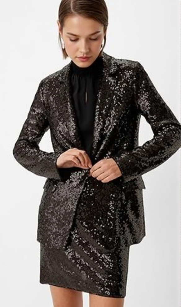 ALEXANDRA BLACK SEQUINED EMBELLISHED SATIN BLAZER