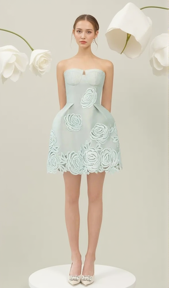 THERA FLOWER EMBELLISHED MINI DRESS IN PALE BLUE