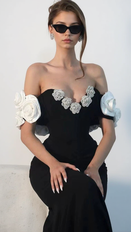 BEATRICE BLACK OFF SHOULDER 3D FLOWERS BODYCON BANDAGE MAXI DRESS
