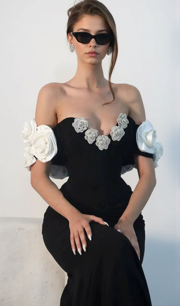 BEATRICE BLACK OFF SHOULDER 3D FLOWERS BODYCON BANDAGE MAXI DRESS