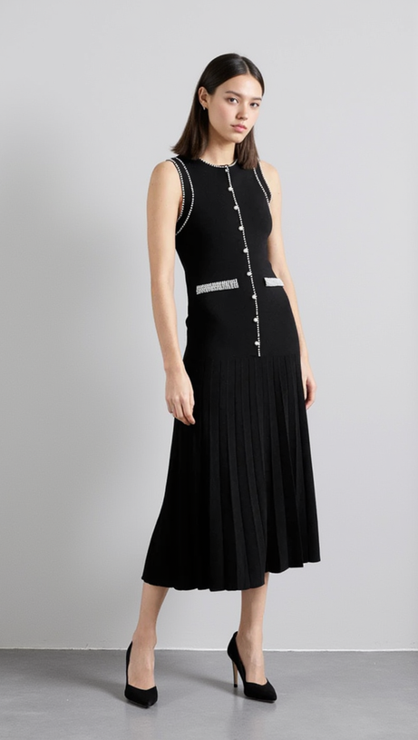 SALOME BEADED TRIM SLEEVELESS KNIT BLACK MIDI DRESS