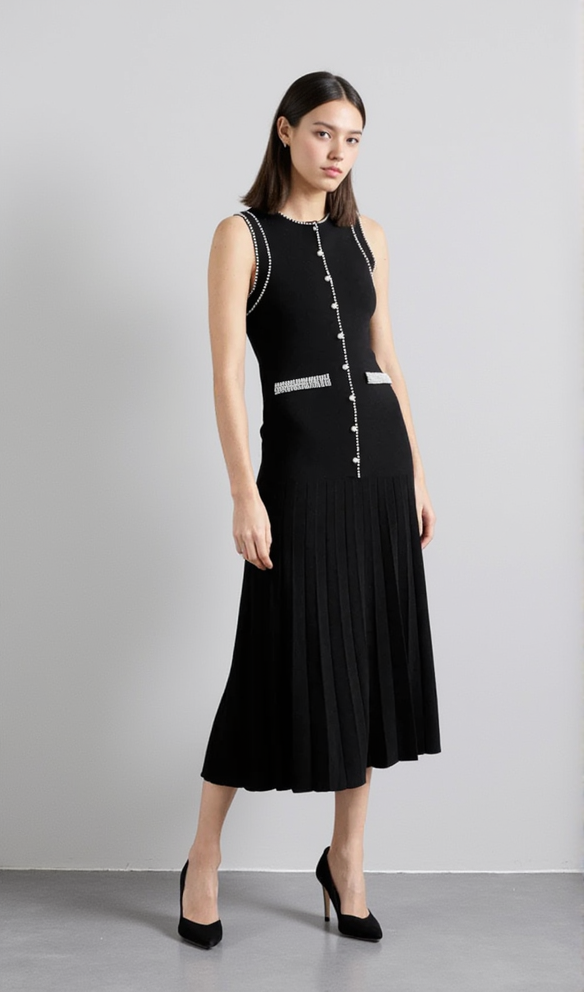 SALOME BEADED TRIM SLEEVELESS KNIT BLACK MIDI DRESS