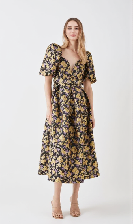 FLORAL JACQUARD PUFF SLEEVE DRESS