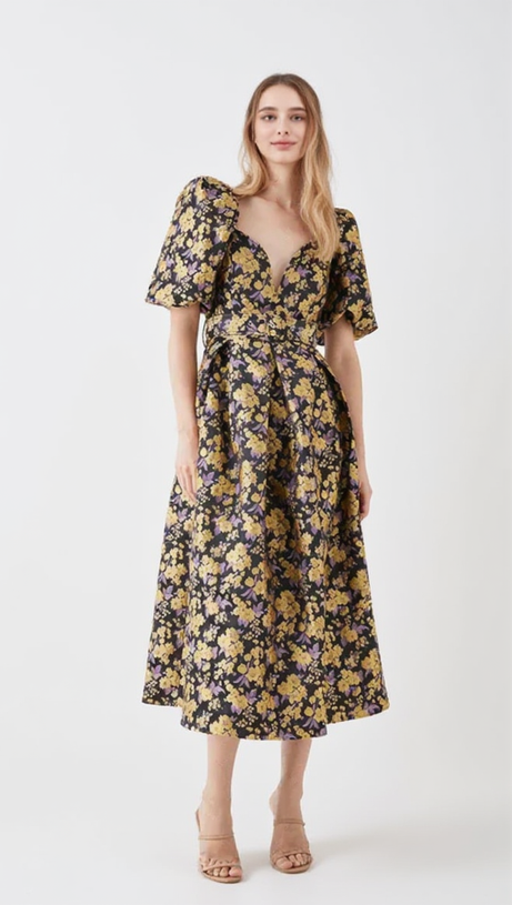 FLORAL JACQUARD PUFF SLEEVE DRESS