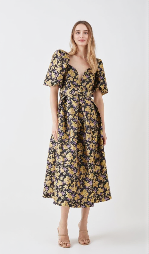 FLORAL JACQUARD PUFF SLEEVE DRESS