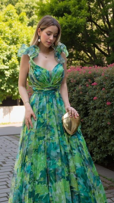 NATIVIDAD FLORAL PRINT TULLE A-LINE GREEN MAXI DRESS