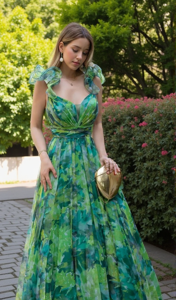 NATIVIDAD FLORAL PRINT TULLE A-LINE GREEN MAXI DRESS