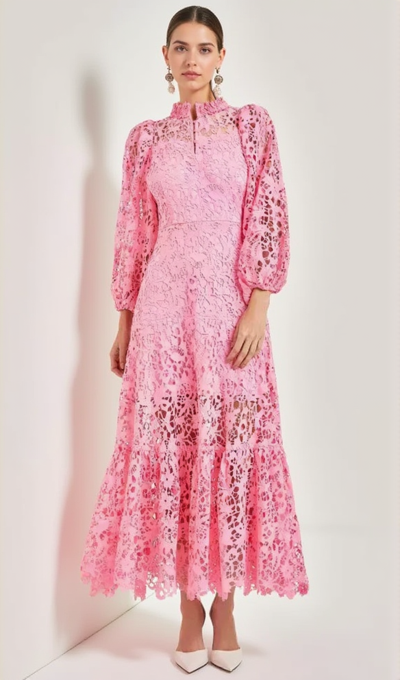 TARA PINK LACE EMBROIDERED LONG SLEEVE MIDI DRESS