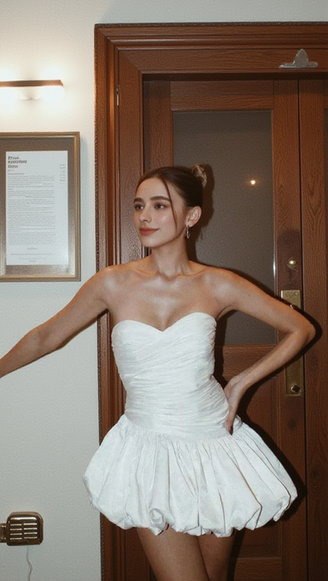 BALLOON DRAPED STRAPLESS MINI DRESS IN WHITE