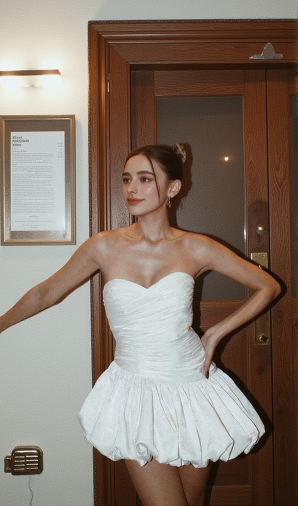 BALLOON DRAPED STRAPLESS MINI DRESS IN WHITE