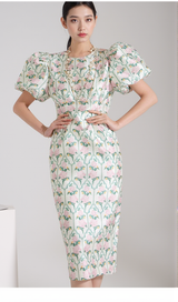 PUFF-SLEEVE FLORAL PRINTED MIDI DRESS