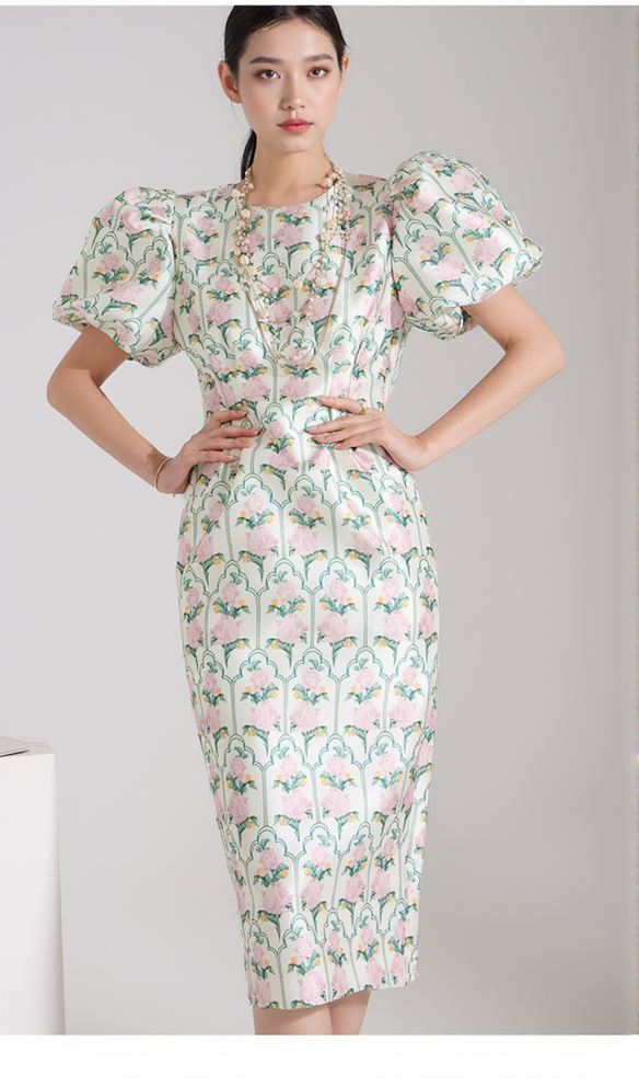 PUFF-SLEEVE FLORAL PRINTED MIDI DRESS