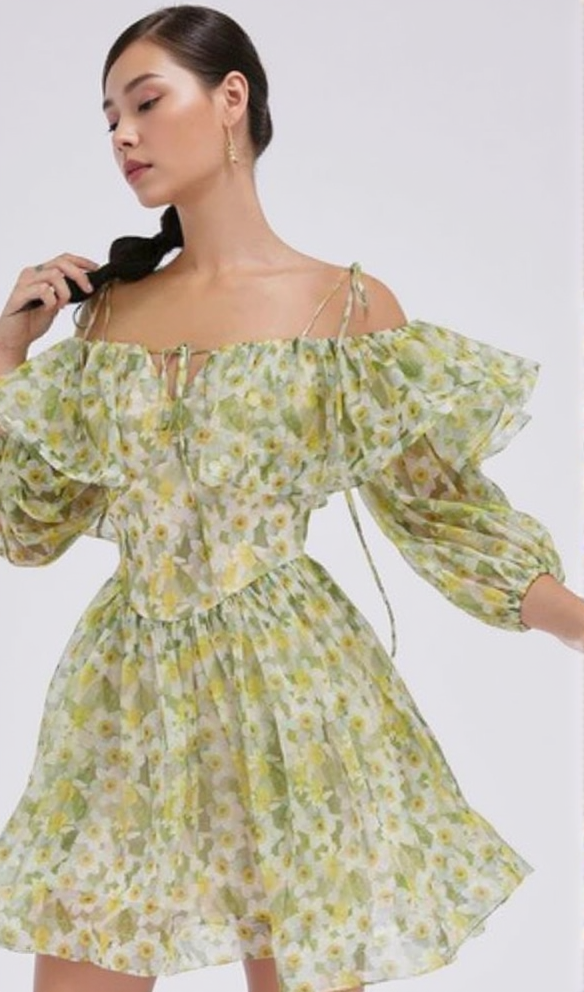 ANNA PRINTED RUFFLE TRIM MINI DRESS IN GREEN