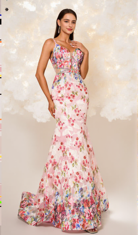 SPAGHETTI STRAPS FLORAL PRINT MERMAID MAXI DRESS IN PINK