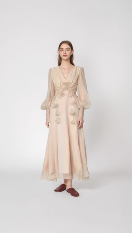 FLORAL EMBELLISHED MIDI DRESS IN NEUTRALS