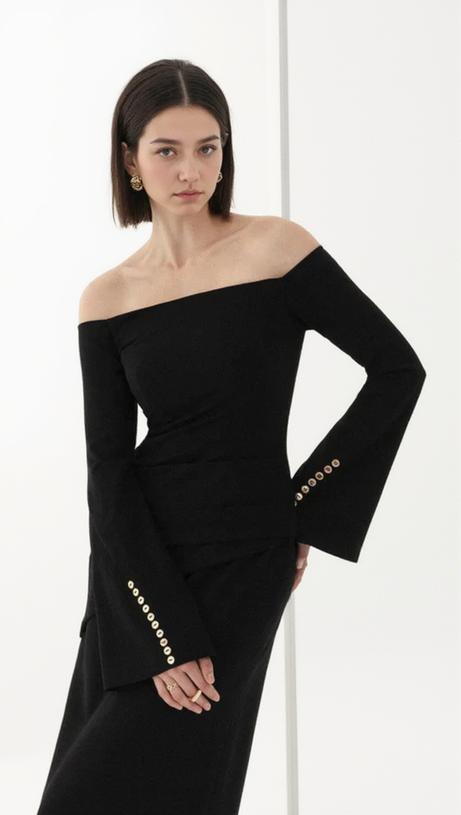 DOROTHY SCHWARZES, SCHULTERFREIES MIDIKLEID MIT RÜSCHEN